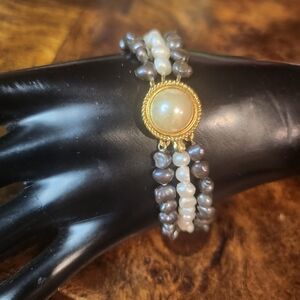 Silver marked gold tone 3 layers pearl bracelet